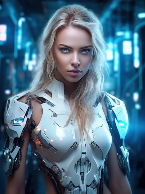 Mooi meisje futuristische androïde cyborg op toekomst