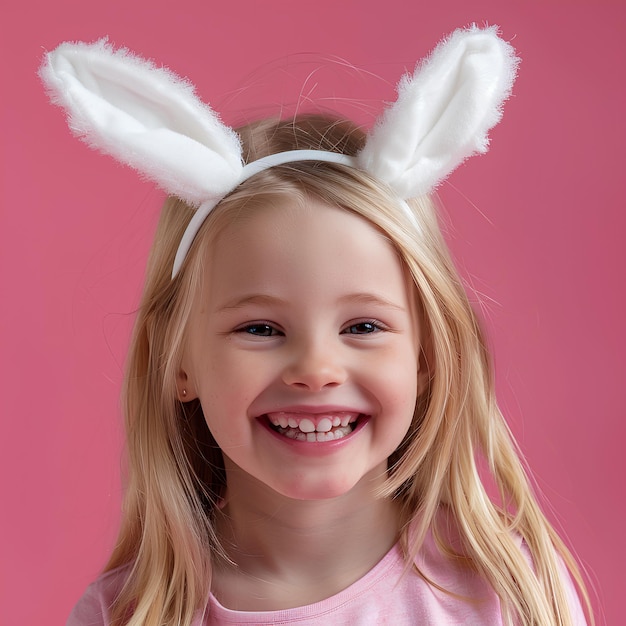 Mooi meisje glimlacht met paaskonijn ooren op een geïsoleerde pastelkleurige achtergrond