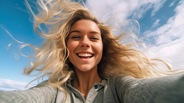 Foto mooi meisje glimlacht op het strand met de zandzee en blauwe lucht op de achtergrond selfie