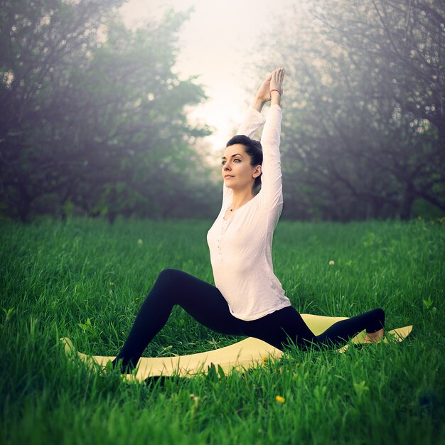 Mooi meisje houdt zich bezig met yoga in het bos