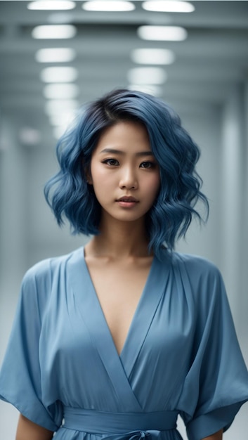 Mooi meisje in blauwe korte jurk met blauwe haren