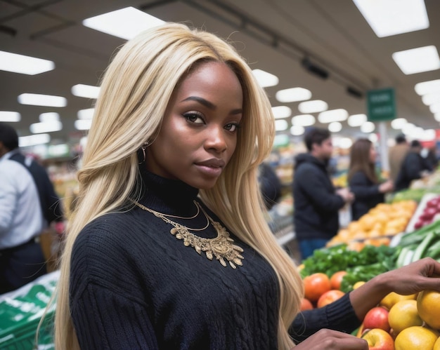 Mooi meisje in een fruitwinkel het beeld is gemaakt door kunstmatige intelligentie