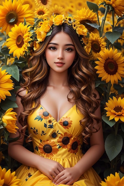 Mooi meisje in een gele jurk versierd met zonnebloembloemen behang achtergrond fotografie
