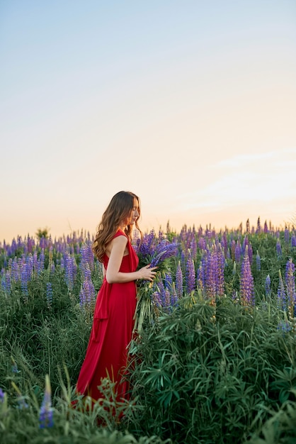 Mooi meisje in een rode jurk met een boeket lupinebloemen in het veld