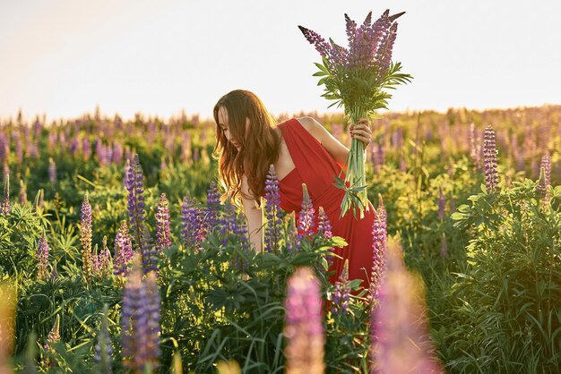 Mooi meisje in een rode jurk met een boeket lupinebloemen in het veld