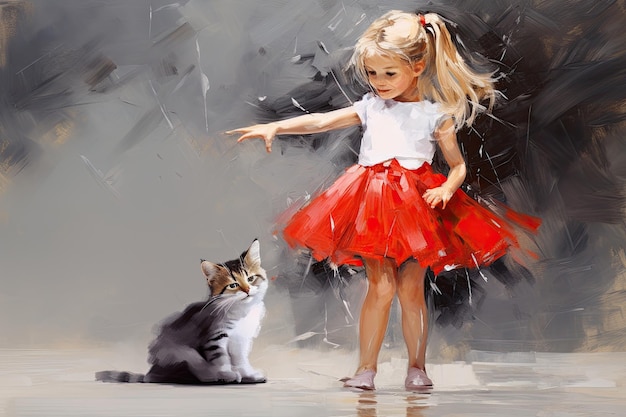 Mooi meisje in een rode jurk met een schattig katje