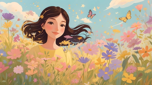 Mooi meisje in een veld met bloemen en vlinders zijn getekend in pastelkleur