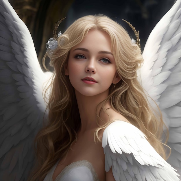 Mooi meisje in engelenkostuum met vleugels op het podium.
