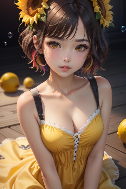 mooi meisje in gele jurk versierd met zonnebloembloemen behang achtergrondfotografie