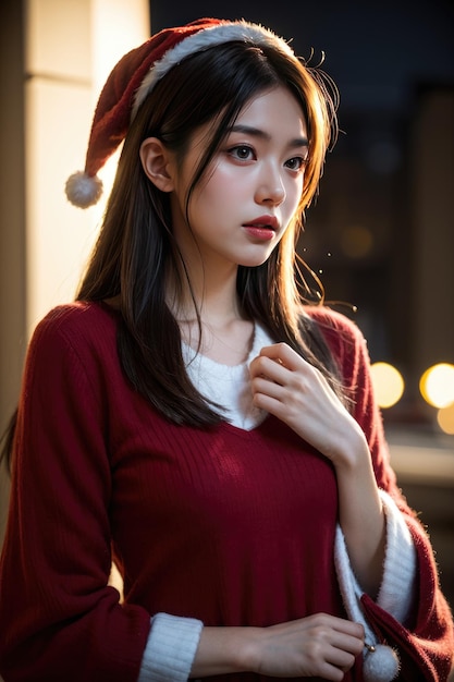 Mooi meisje in Kerstman kleren op kerst achtergrond
