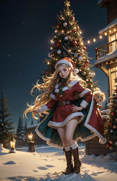 Mooi meisje in kerstmankleding op de achtergrond van het kerstdorp