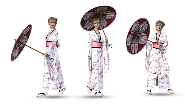 Mooi meisje in kimono poseren 3d illustratie