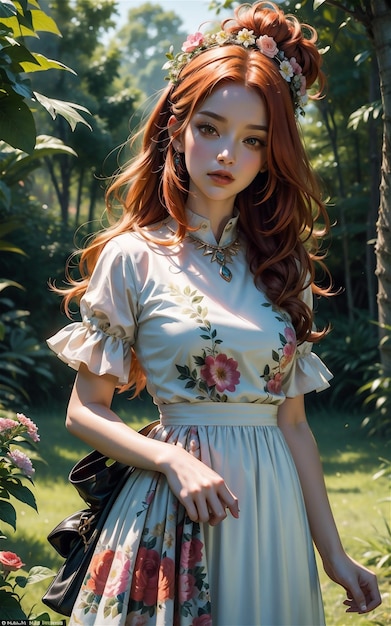 Mooi meisje in middeleeuwse stijl Mooi gekleed animemeisje in middeleeuwse stijl in het bos