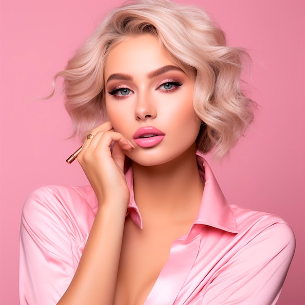 Mooi meisje in roze met make-up foto