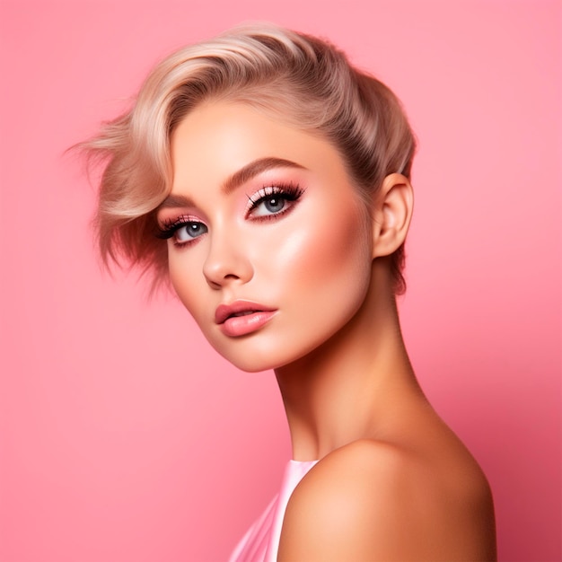 Mooi meisje in roze met make-up foto