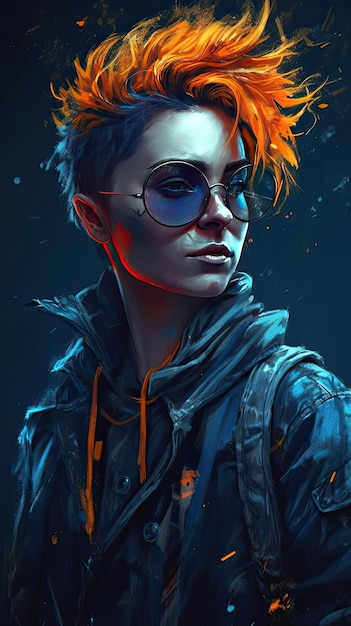Mooi meisje in zonnebril in de stijl van zwaar werk met een paletmes oranje en indigo precisiekunst gemaakt met generatieve AI-technologie