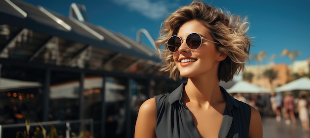 Mooi meisje in zonnebril met kort kapsel tegen de blauwe hemel Portret van glimlachende jonge vrouw buitenshuis terwijl ze op vakantie is