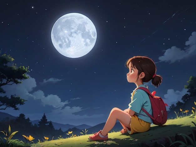Foto mooi meisje kijkt naar de maan in de nachtelijke hemel.