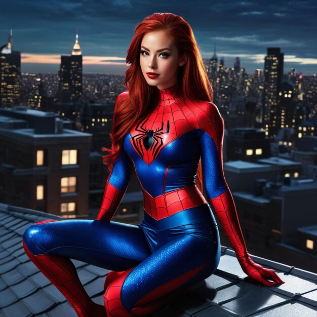 Mooi meisje Merry Jane in een Spiderman kostuum