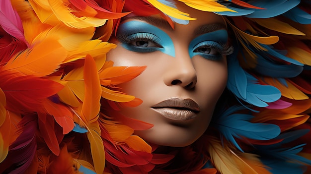Mooi meisje met blauwe make-up en gouden lippen kleurrijke veren op haar hoofd