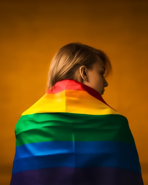 Foto mooi meisje met een lgbt pride vlag op haar schouders