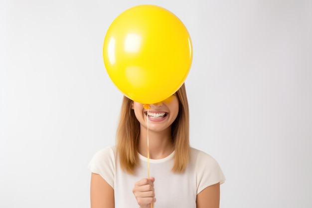 mooi meisje met gele ballon op een geïsoleerde witte achtergrond