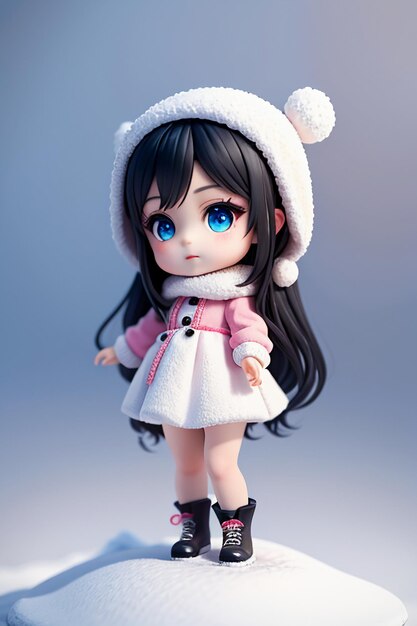 Mooi meisje met grote ogen spelen in de koude winter sneeuw cartoon anime stijl jong meisje