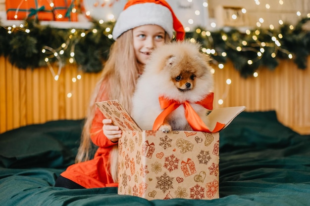 Mooi meisje met kerstmuts kreeg een puppy als cadeau voor nieuwjaar, kerstmagie en wonder, dromen komen uit