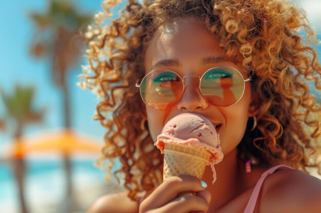 Mooi meisje met krullend haar en zonnebril eet ijs op het strand concept van de zomer