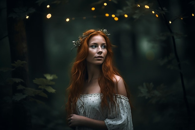 Mooi meisje met lang rood haar in een jurk in het bos met vuurvliegjes in de buurt
