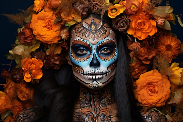 Mooi meisje met suikerschedelmake-up en bloemenkrans Dia de los muertos Dag van de Doden