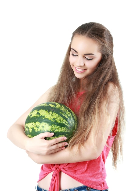 Mooi meisje met watermeloen in studio