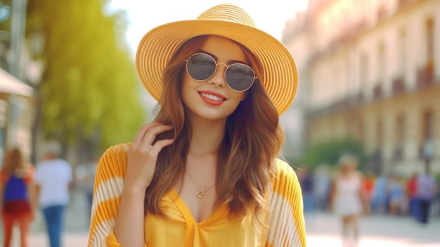 Mooi meisje met zonnebril en zomerhoed glimlachend Illustratie AI GenerativexA