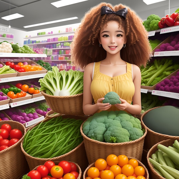 Mooi meisje verkoopt groenten in manden.