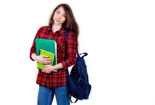 Mooi meisjesschoolmeisje, student met leerboeken en rugzak