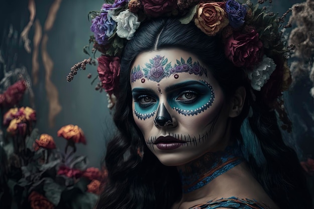Mooi Mexicaans meisje met dag van de dode make-up dia de muertos AIGenerated