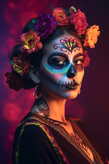 Mooi Mexicaans meisje met dag van de doden make-up catrina dia de los muertos traditionele generatieve AI