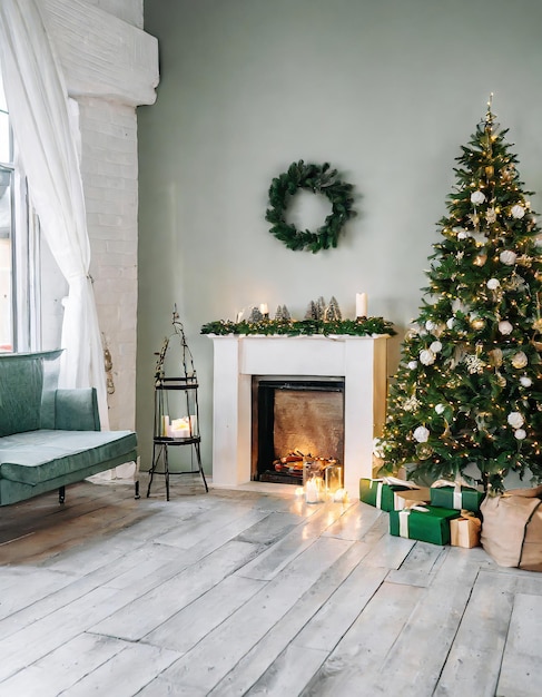 mooi minimalistisch woonkamerinterieur met open haard en kerstboomkerstdecor