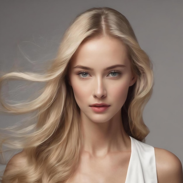 Mooi model met lang glad vliegend blond haar geïsoleerd op witte studio achtergrond