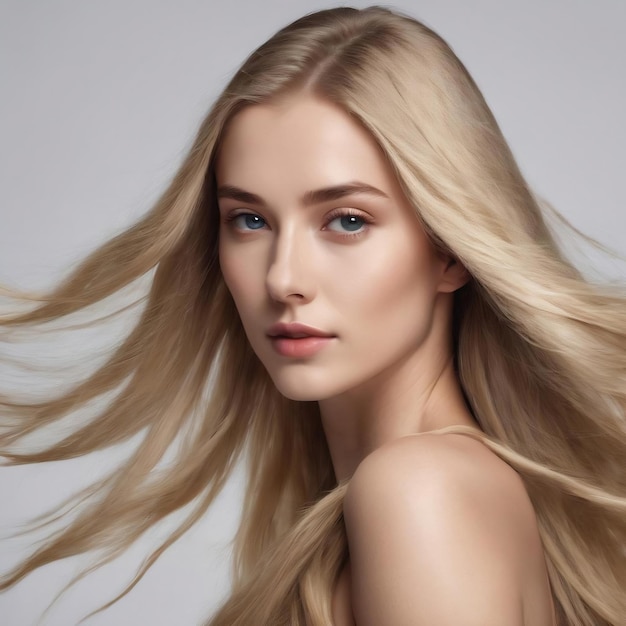 Mooi model met lang glad vliegend blond haar geïsoleerd op witte studio achtergrond
