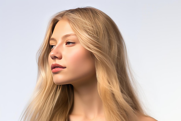 mooi model met lang glad vliegend blond haar geïsoleerd op witte studio achtergrond