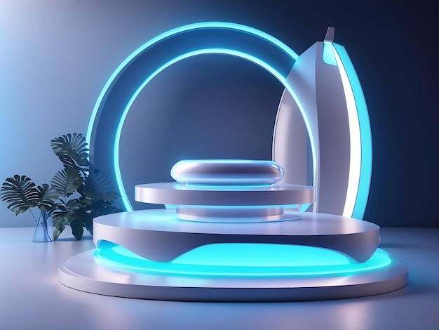Mooi modern futuristisch podium met neonblauwe verlichting voor productpresentatie 3D-rendering
