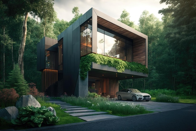 Mooi modern huis groen landschapsontwerp Illustratie Generatieve AI