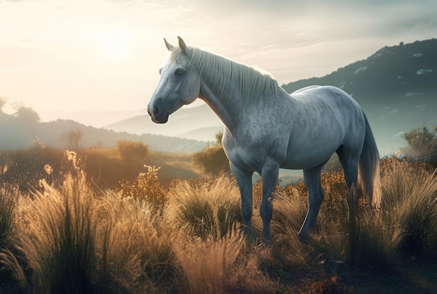 Mooi mystiek paard op het landschap van de ochtendzonsopgang Genereer ai