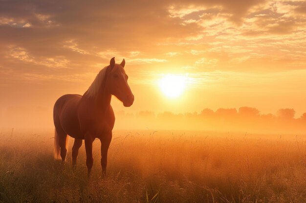 Mooi mystiek paard op zonsopgang veld uitzicht Genereren ai