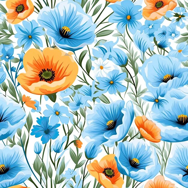 Foto mooi naadloos oranje en blauw bloemen en bladerenpatroon