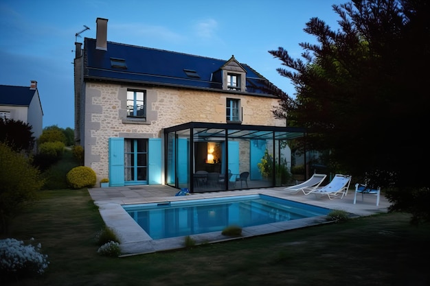 Mooi natuurstenen huis in franse stijl met veranda en zwembad generatieve ai