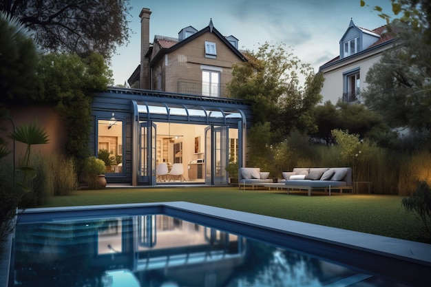 Mooi natuurstenen huis in franse stijl met veranda en zwembad generatieve ai