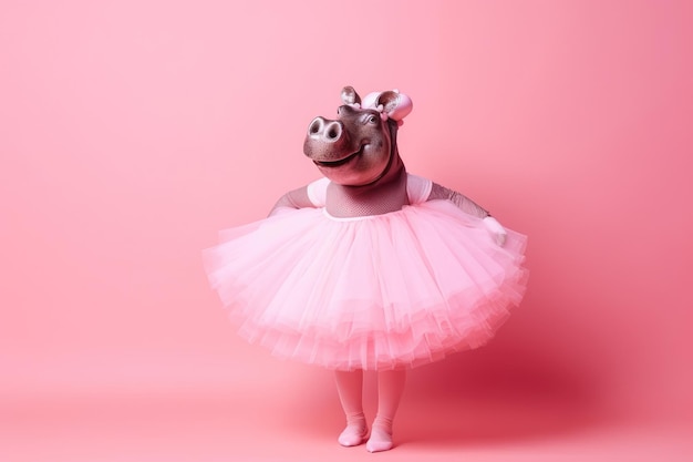 Mooi nijlpaardmeisje met roze tuturok van ballet op een gekleurde achtergrond Generatieve AI