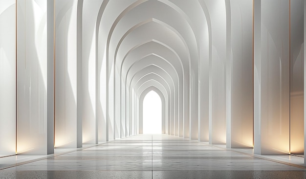 Mooi ontwerp van moskee met architectuur interieur pilaren moskee en witte tunnel achtergrond